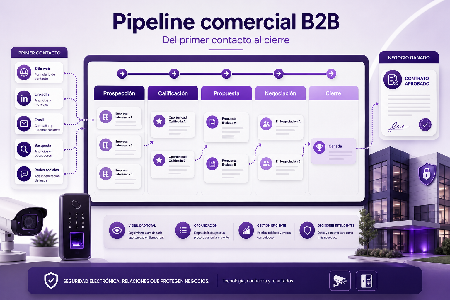 Purple B2B Sales Pipeline Dashboard With CRM Columns And Security Icons